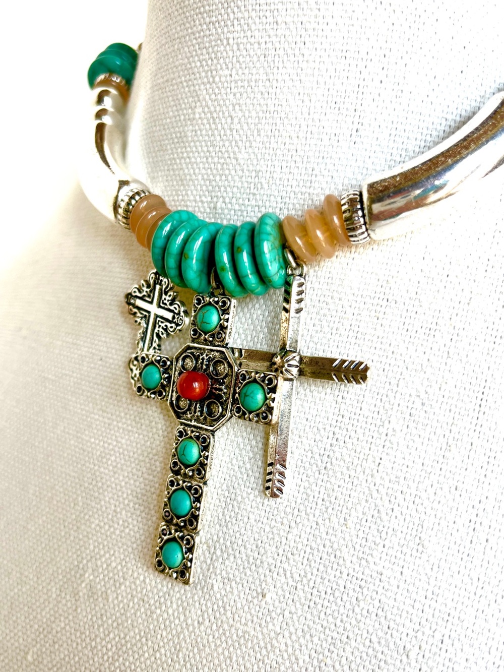 Southwestern Turquoise, Gold Agate& Coral Cross Pendant Necklace - Women Jewelry